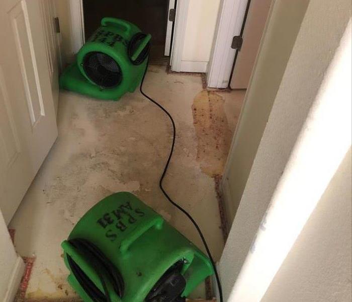 Two green air movers drying the home