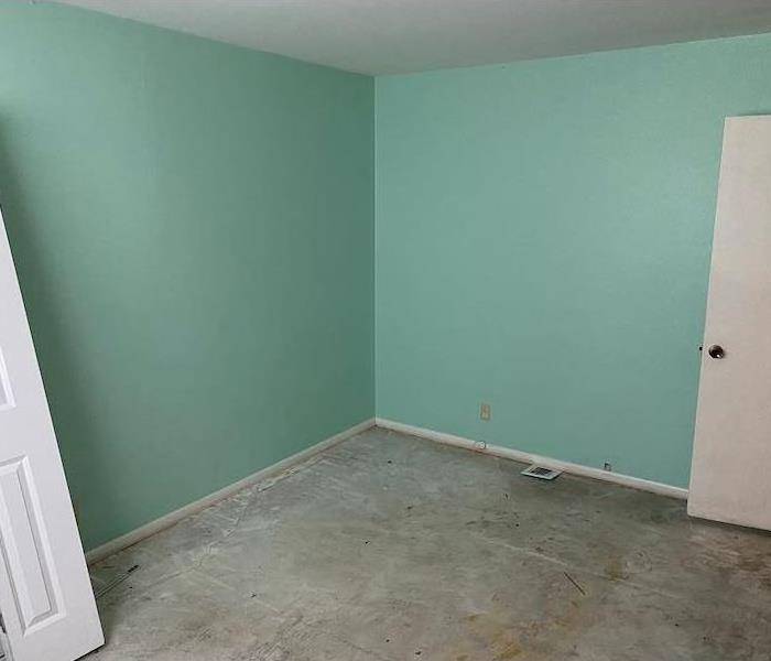 Room with green walls and subfloor showing