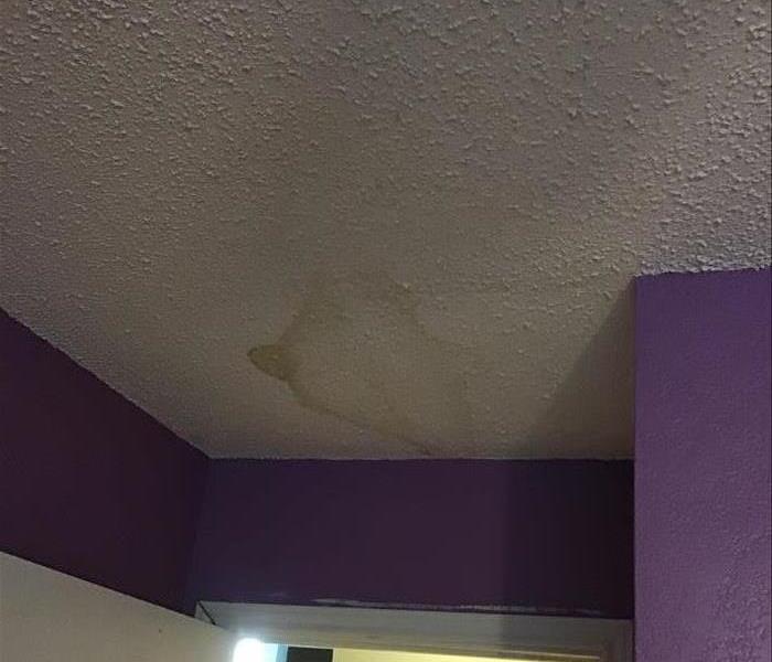 Water stain on ceiling, purple walls in room